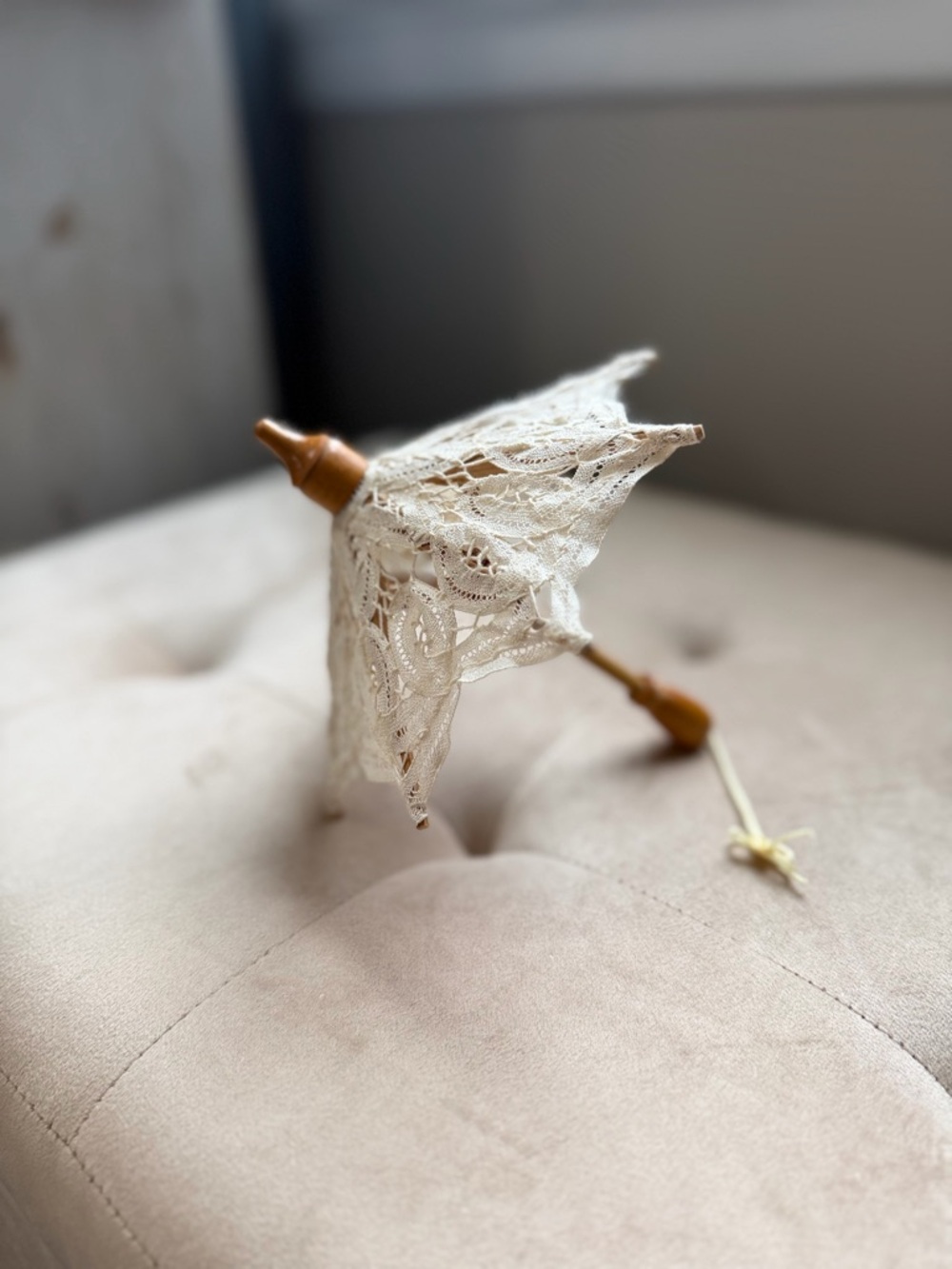 Source Unknown Cream Lace Parasol with Wood Handle